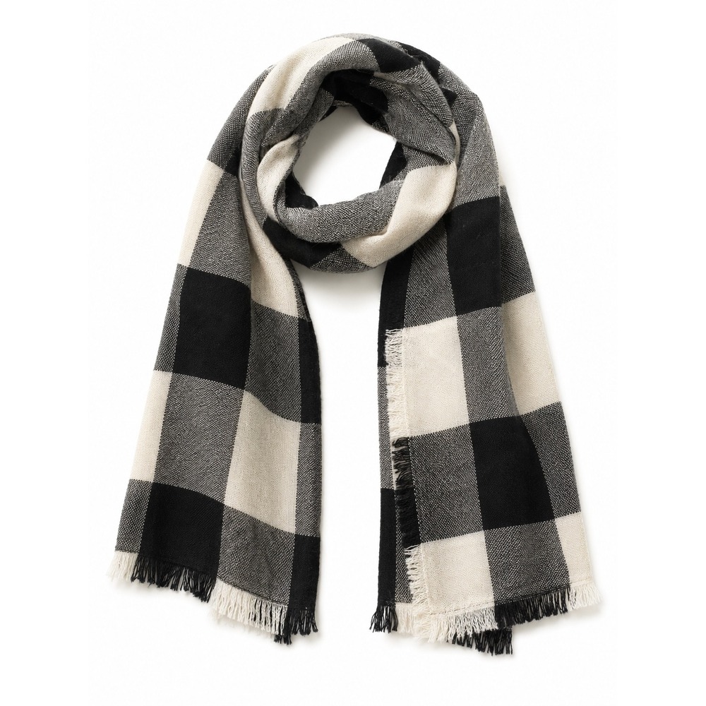 Talbots‎ Scarf Womens OS Black White Buffalo Plaid Wool Fringed Classic Preppy